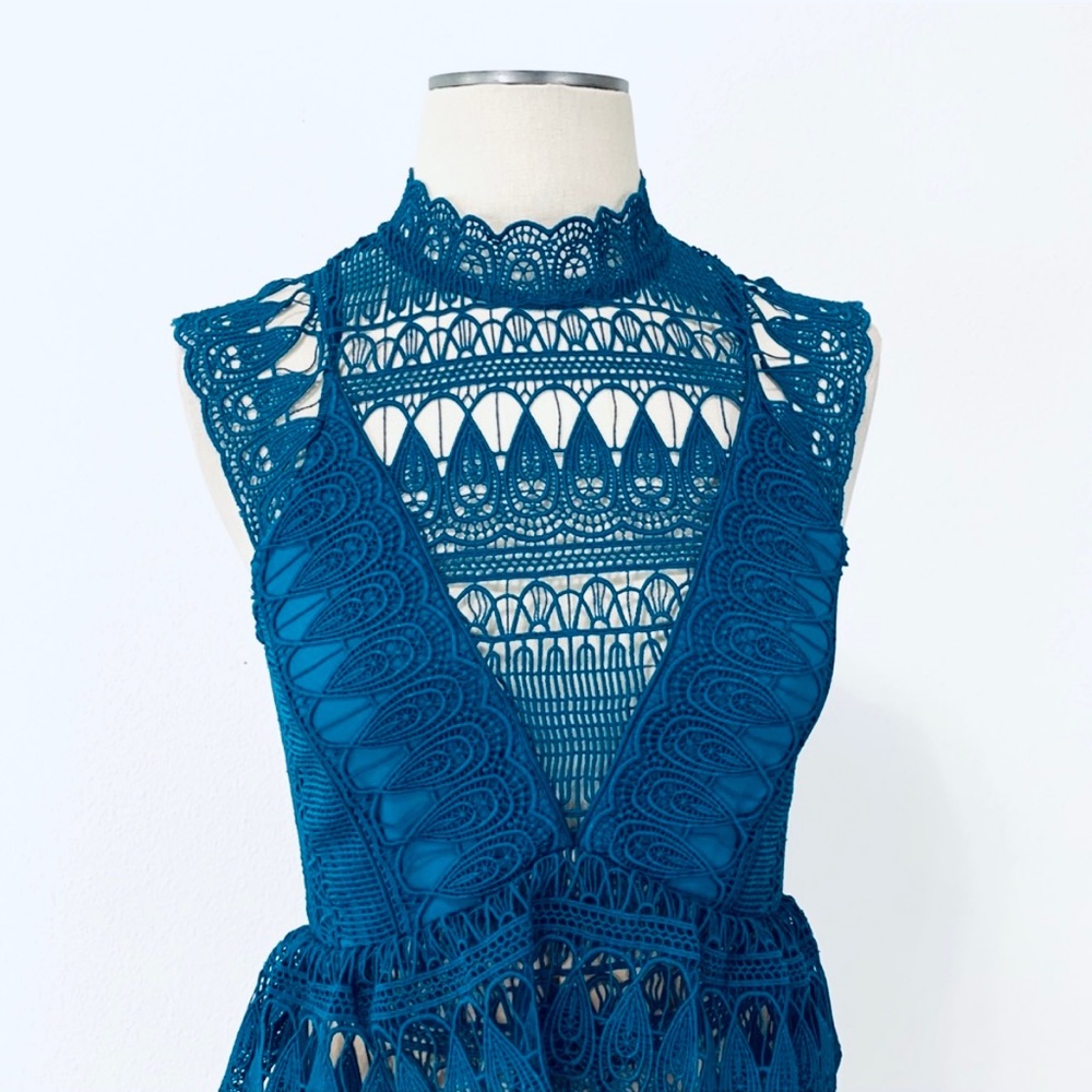 Self-Portrait Teardrop Guipure Tiered Lace Turquoise Teal BOHO Embroidery Dress - Picture 7 of 16